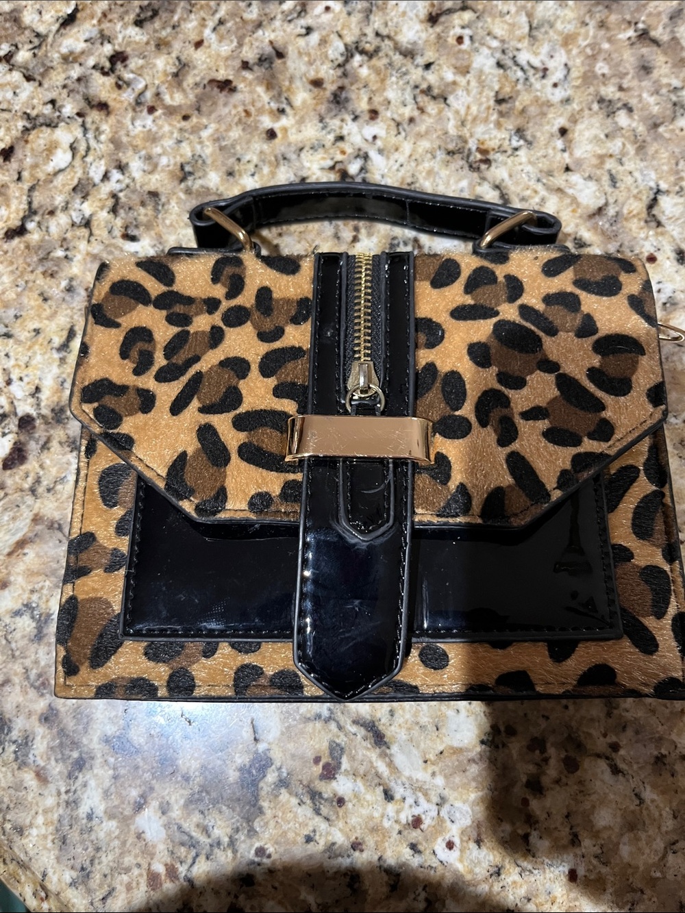 Leopard Print Top-Handle Satchel Handbag - Black & Brown